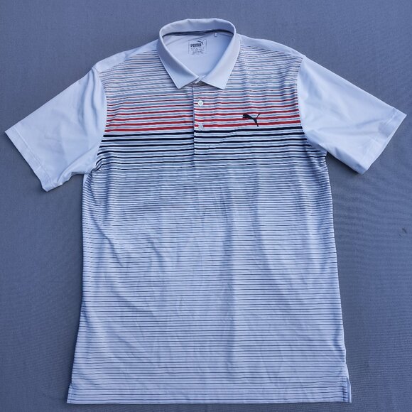 Puma Golf Polo Shirt men's siz M white colour with grey and red and blue stripes - Picture 1 of 9